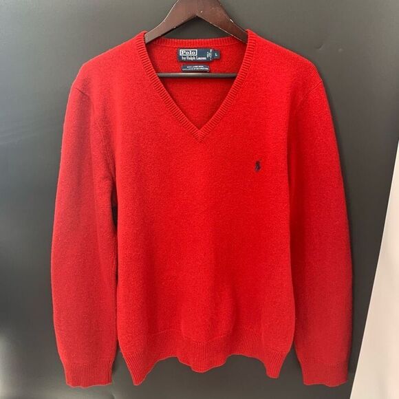 POLO RALPH LAUREN 100% merino wool v neck sweater solid red sz L mens - Picture 1 of 7